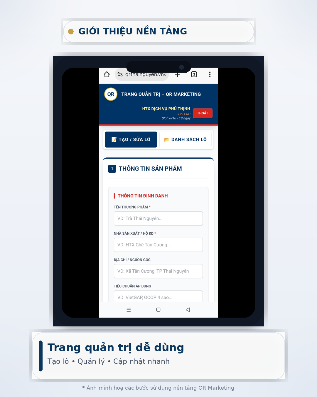 Trang quản trị tạo lô và quản lý
